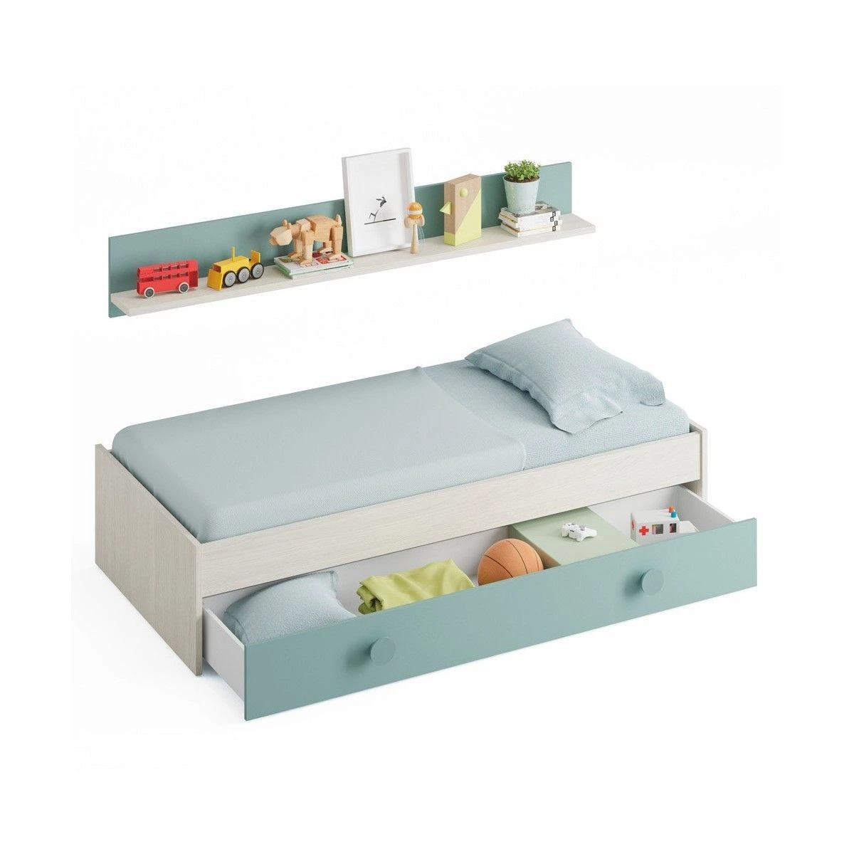 cama-de-ninho-de-jovens-com-prateleira-snuba-alpes-brancos-verde-acqua-201-x-43-x-98-cm (1) Cama madeira Infantil + Estante + Gaveta - Snuba - Image 1