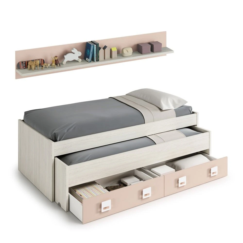cama-dupla-com-gaveta-new-nube-branco-alpes-rosa-199-x-96-x-69-cm (1) Cama madeira Dupla Infantil + Estante + Gaveta - Nube - Image 1