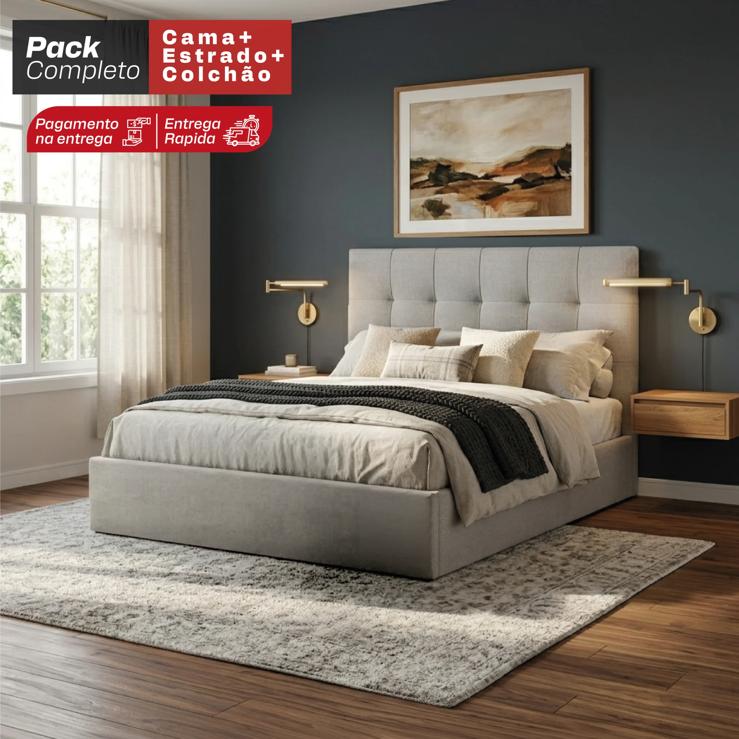 Prancheta 1 cópia 2pack completo Pack Cama Armani 190x140 + Estrado + Colchão - Em Tecido Microfibra Cinza - Image 1