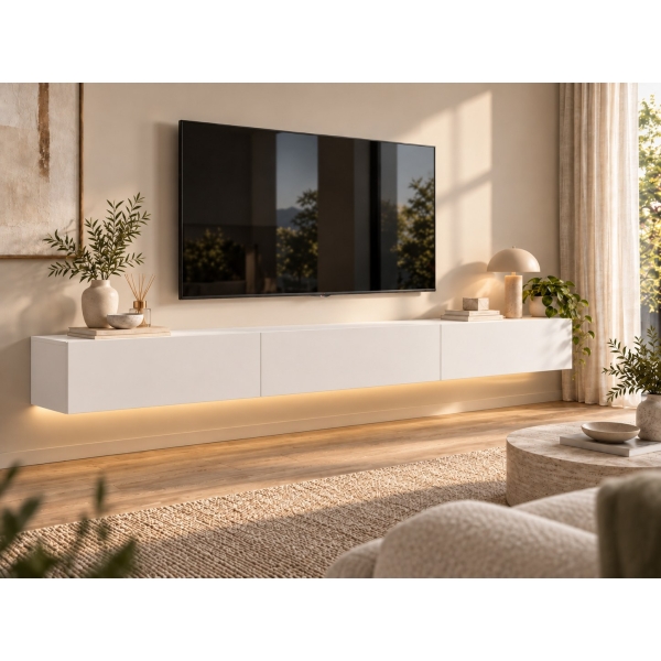 Base TV Logan suspensa em branco mate, numa sala de estar com a televisão na parede